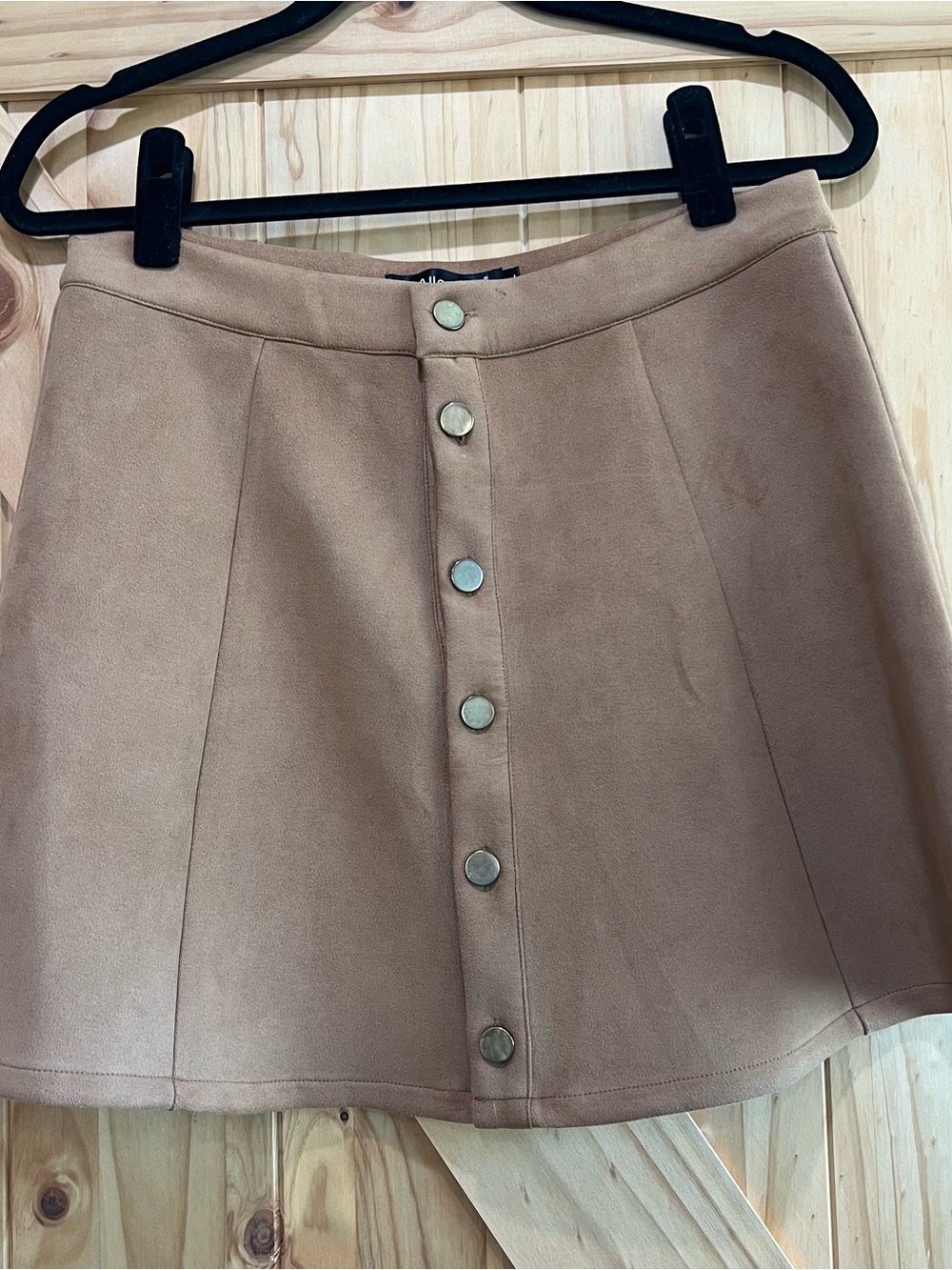 Suede-Look Button Front Mini Skirt in Tan